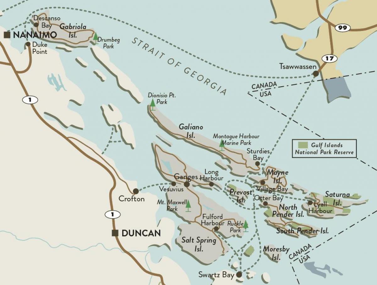 નકશો વેનકૂવર ટાપુ અને ગલ્ફ ટાપુઓ